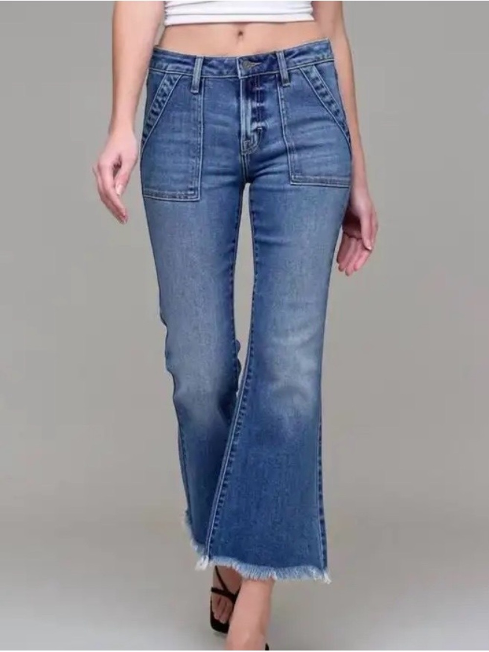 Altar'd State Medium Wash Frayed Hem Cargo Crop Flare Jean